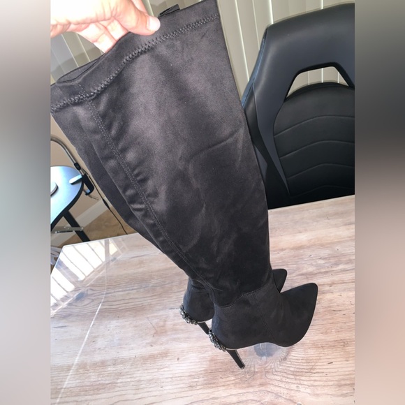 Venus Stiletto Black Suede Crystal Embellished Knee High Boots - Picture 4 of 17